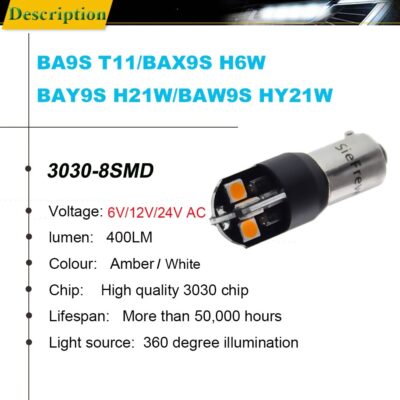 2x H21W BAY9S BA9S T4W T11 BAX9S H6W BAW9S HY21W LED Car Auto Backup Reverse Light Turn Bulb Side Lamp White Amber 6V 12V 24V AC