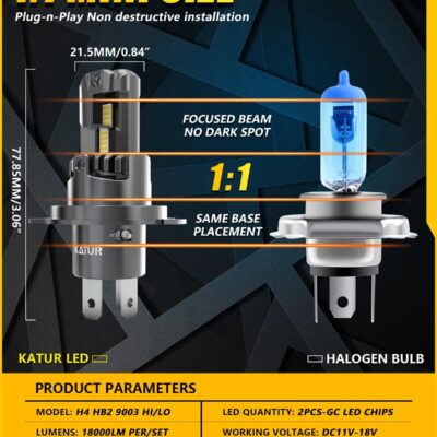 2x High Power H4 LED Headlight 1:1 Mini Size Headlamp 20000LM 6500K Car Lamps Super Bright Plug and Play Car Headlight Bulbs