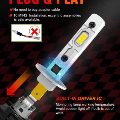 TOYUKI 2Pcs H1 Led Headlight Bulb Plug and Play Wireless Mini Car Led Lamps 16 Pcs CSP Chips Fog Lights DRL 6000K White 12V 24V