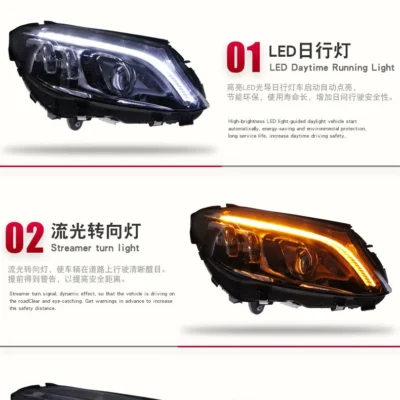 Car Headlights Assembly Dynamic Streamer Turn Signal For BENZ C Class W205 C180 C200 2014-2018 LED Daytime Running Light