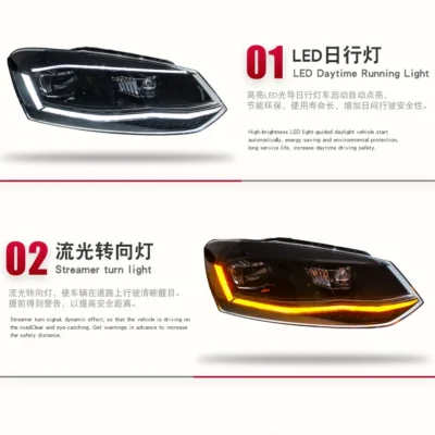 For Volkswagen Polo 2011-18 Car Accessories Headlight Assembly Dynamic Streamer Turn Signal Front Lamp LED Daytime Running Light